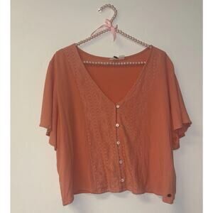 Roxy Sz‎ Lg Womens Blouse Full Button Cottage Core Fairy Crochet Beachy Peasant